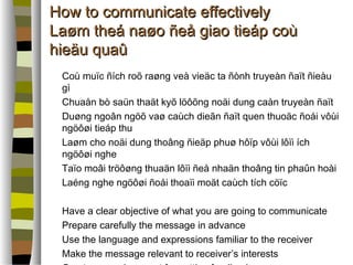HHooww ttoo ccoommmmuunniiccaattee eeffffeeccttiivveellyy 
LLaaøømm tthheeáá nnaaøøoo ññeeåå ggiiaaoo ttiieeáápp ccooùù 
hhiieeääuu qquuaaûû 
 Coù muïc ñích roõ raøng veà vieäc ta ñònh truyeàn ñaït ñieàu 
gì 
 Chuaån bò saün thaät kyõ löôõng noäi dung caàn truyeàn ñaït 
 Duøng ngoân ngöõ vaø caùch dieãn ñaït quen thuoäc ñoái vôùi 
ngöôøi tieáp thu 
 Laøm cho noäi dung thoâng ñieäp phuø hôïp vôùi lôïi ích 
ngöôøi nghe 
 Taïo moâi tröôøng thuaän lôïi ñeå nhaän thoâng tin phaûn hoài 
 Laéng nghe ngöôøi ñoái thoaïi moät caùch tích cöïc 
 Have a clear objective of what you are going to communicate 
 Prepare carefully the message in advance 
 Use the language and expressions familiar to the receiver 
 Make the message relevant to receiver’s interests 
 Create an environment for getting feedback 
 