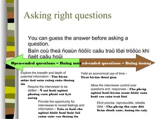 Asking right questions 
 You can guess the answer before asking a 
question. 
 Baïn coù theå ñoaùn ñöôïc caâu traû lôøi tröôùc khi 
ñaët caâu hoûi 
Closed-Open-ended questions – Daïng môû ended questions – Daïng ñoùng 
Explore the breadth and depth of 
potential information - Tìm hieåu 
möùc ñoä saâu roäng cuûa thoâng 
tin 
Require the interviewer to be 
skilled – Ñ oøi hoûi ngöôøi 
phoûng vaán phaûi coù kyõ 
naêng 
Yield an economical use of time – 
Tieát kieäm thôøi gian 
Provide the opportunity for 
interviewee to reveal feelings and 
information – Taïo cô hoäi cho 
ngöôøi ñöôïc hoûi boäc loä 
caûm xuùc vaø thoâng tin 
Allow the interviewer control over 
questions and responses – Cho pheùp 
ngöôøi hoûi kieåm soaùt ñöôïc caâu 
hoûi vaø caâu traû lôøi 
Elicit precise, reproducible, reliable 
data – Cho pheùp thu caùc döõ 
lieäu chính xaùc, ñaùng tin caäy 
 