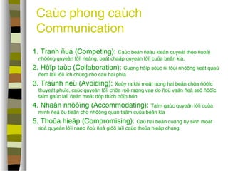 Caùc phong caùch 
Communication 
1. Tranh ñua (Competing): Caùc beân ñeàu kieân quyeát theo ñuoåi 
nhöõng quyeàn lôïi rieâng, baát chaáp quyeàn lôïi cuûa beân kia. 
2. Hôïp taùc (Collaboration): Cuøng hôïp söùc ñi tôùi nhöõng keát quaû 
ñem laïi lôïi ích chung cho caû hai phía 
3. Traùnh neù (Avoiding): Xaûy ra khi moät trong hai beân chöa ñöôïc 
thuyeát phuïc, caùc quyeàn lôïi chöa roõ raøng vaø do ñoù vaán ñeà seõ ñöôïc 
taïm gaùc laïi ñeán moät dòp thích hôïp hôn 
4. Nhaân nhöôïng (Accommodating): Taïm gaùc quyeán lôïi cuûa 
mình ñeå öu tieân cho nhöõng quan taâm cuûa beân kia 
5. Thoûa hieäp (Compromising): Caû hai beân cuøng hy sinh moät 
soá quyeàn lôïi naøo ñoù ñeå giöõ laïi caùc thoûa hieäp chung. 
 
