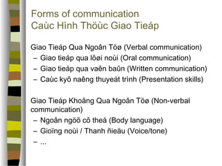 Forms of communication 
Caùc Hình ճöù Giao Tieáp 
 Giao Tieáp Qua Ngoân Töø (Verbal communication) 
– Giao tieáp qua lôøi noùi (Oral communication) 
– Giao tieáp qua vaên baûn (Written communication) 
– Caùc kyõ naêng thuyeát trình (Presentation skills) 
 Giao Tieáp Khoâng Qua Ngoân Töø (Non-verbal 
communication) 
– Ngoân ngöõ cô theå (Body language) 
– Gioïng noùi / Thanh ñieäu (Voice/tone) 
– ... 
 