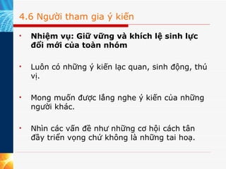 4.6 Người tham gia ý kiến Nhiệm vụ: Giữ vững và khích lệ sinh lực đổi mới của toàn nhóm   Luôn có những ý kiến lạc quan, sinh động, thú vị. Mong muốn được lắng nghe ý kiến của những người khác. Nhìn các vấn đề như những cơ hội cách tân đầy triển vọng chứ không là những tai hoạ. 