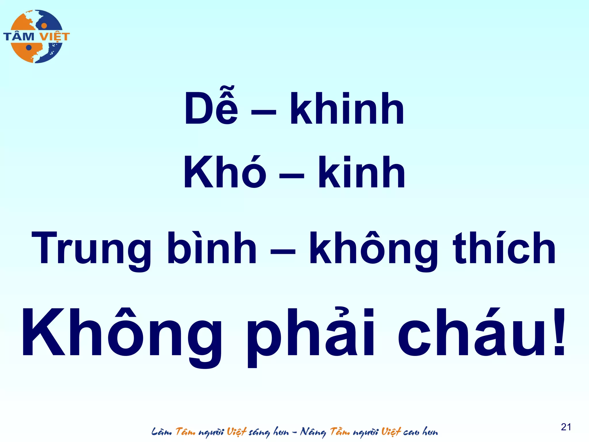 Dễ – khinh
Khó – kinh
Trung bình – không thích
Không phải cháu!
21
 