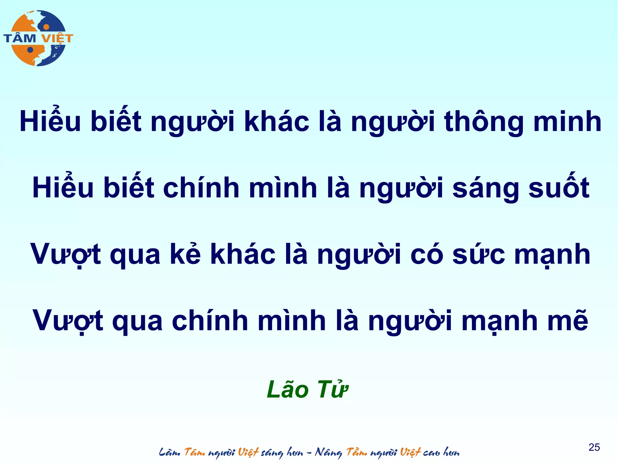 Hiểu biết người khác là người thông minh
Hiểu biết chính mình là người sáng suốt
Vượt qua kẻ khác là người có sức mạnh
Vượt qua chính mình là người mạnh mẽ
Lão Tử
25
 