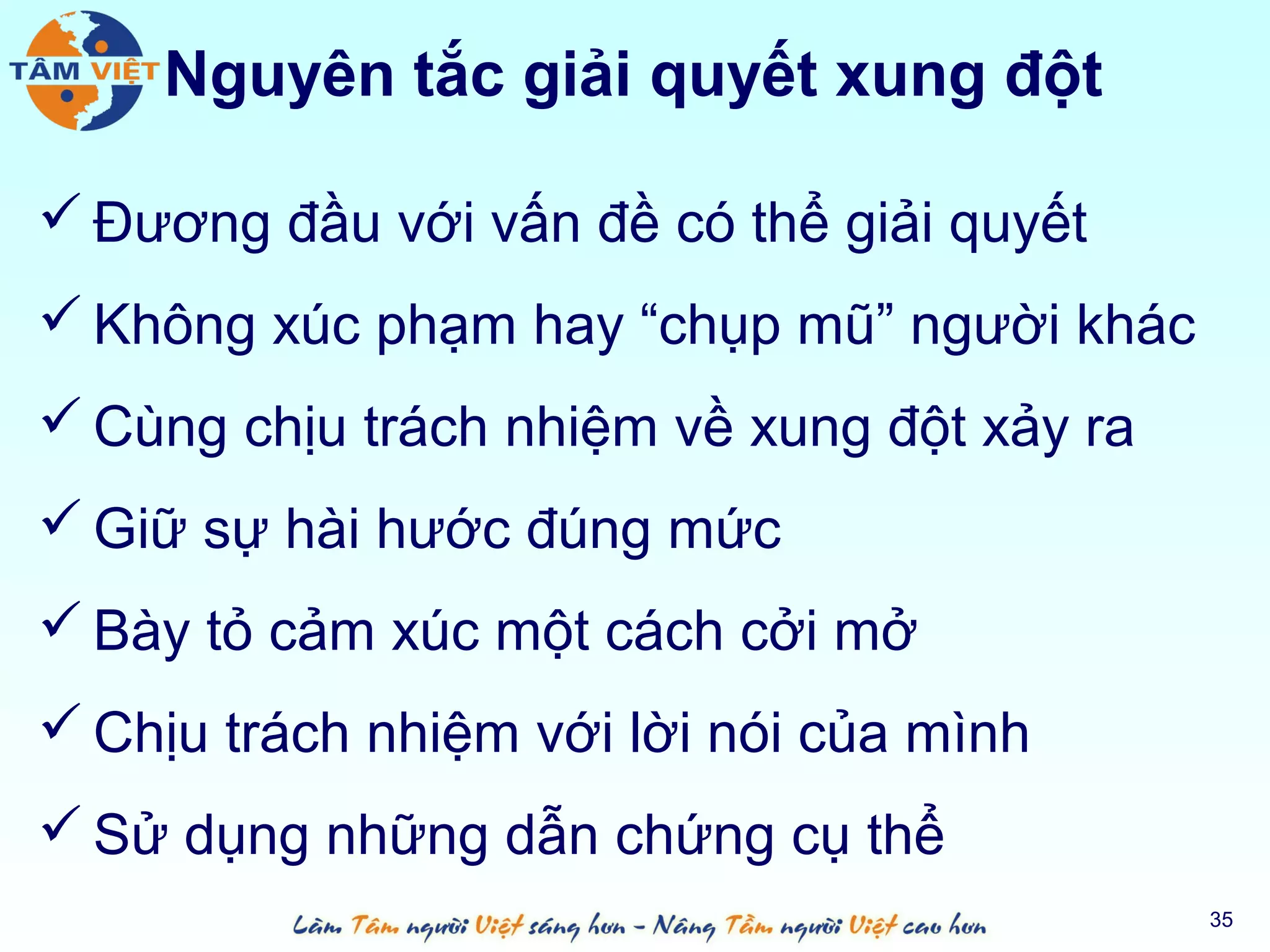 Nguyên tắc giải quyết xung đột

 Đương đầu với vấn đề có thể giải quyết
 Không xúc phạm hay “chụp mũ” người khác
 Cùng chịu trách nhiệm về xung đột xảy ra
 Giữ sự hài hước đúng mức
 Bày tỏ cảm xúc một cách cởi mở
 Chịu trách nhiệm với lời nói của mình
 Sử dụng những dẫn chứng cụ thể
                                             35
 