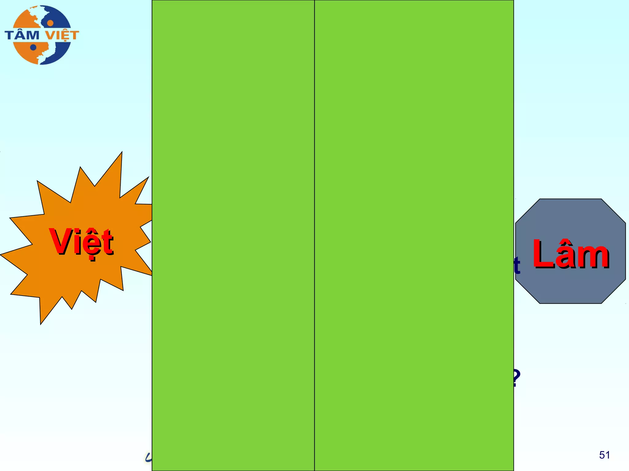 Chém
       Đâm

                   Đạp

       Tát
Việt                          Lâm
                Đập vào mặt

       Đểu
                   Đồ tồi,
                  muốn gì?
       Vớ vẩn
                                51
 