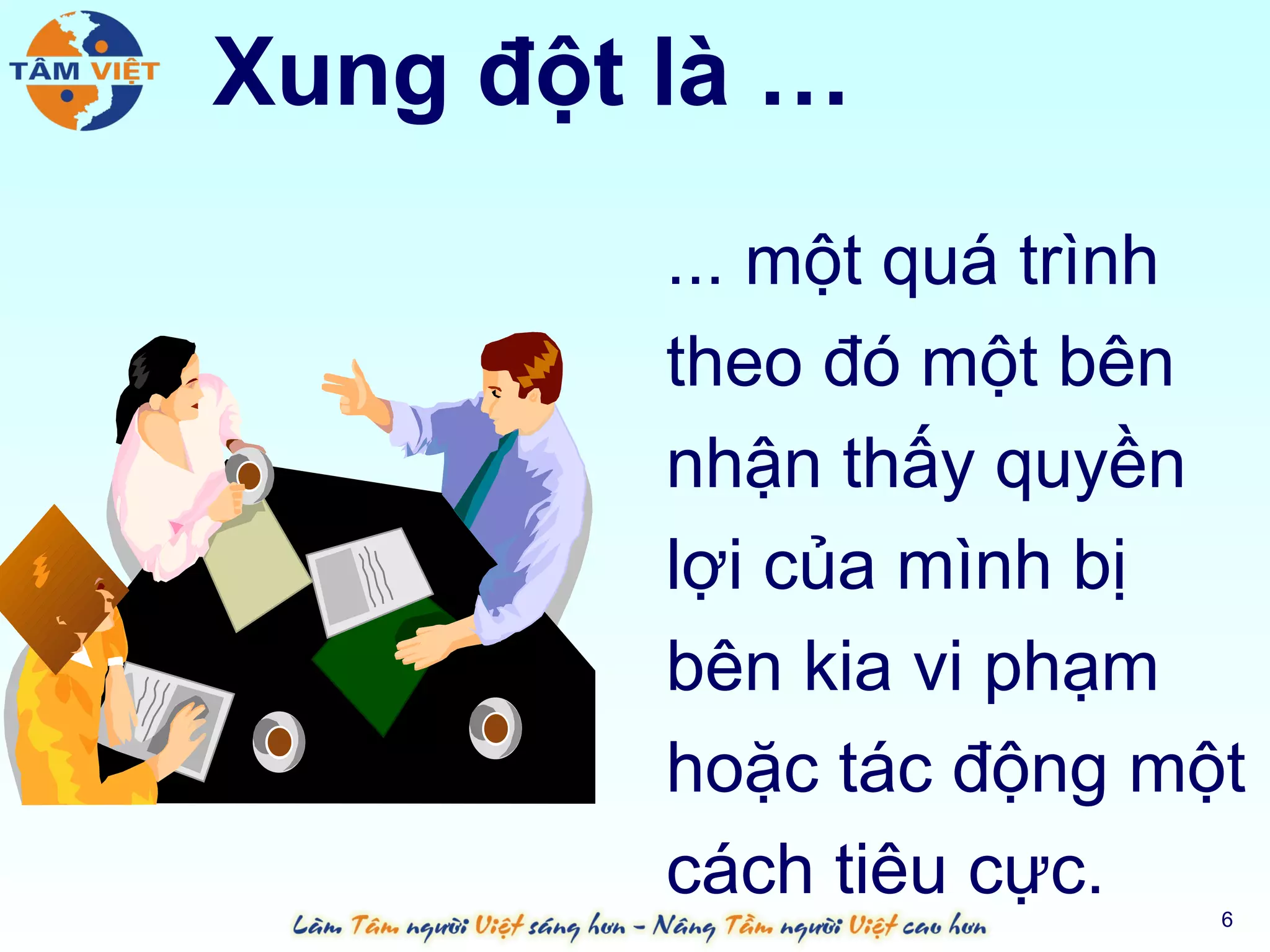 Xung đột là …
         ... một quá trình
         theo đó một bên
         nhận thấy quyền
         lợi của mình bị
         bên kia vi phạm
         hoặc tác động một
         cách tiêu cực.  6
 