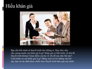 Hiểu khán giả
Bạn cần biết mình sẽ thuyết trình cho những ai. Mục tiêu, nhu
cầu, mong muốn của khán giả là gì? Khán giả có biết trước về chủ đề
thuyết trình không? Quan điểm của họ về vấn đề này như thế nào?
Cách hành xử của khán giả là gì? Bằng cách trả lời những câu hỏi
này, bạn sẽ xác định được chiến lược thuyết trình hiệu quả của mình.
 