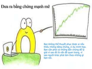 Đưa ra bằng chứng mạnh mẽ
Bạn không thể thuyết phục được ai nếu
thiếu những bằng chứng, ví dụ minh họa.
Bạn cần phải có những dẫn chứng để lý
giải vì sao đó là vấn đề quan trọng, vì
sao người khác phải làm theo những gì
bạn nói.
 