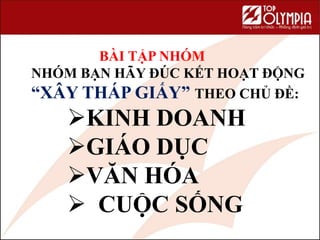 101
BÀI TẬP NHÓM
NHÓM BẠN HÃY ĐÚC KẾT HOẠT ĐỘNG
“XÂY THÁP GIẤY” THEO CHỦ ĐỀ:
KINH DOANH
GIÁO DỤC
VĂN HÓA
 CUỘC SỐNG
 