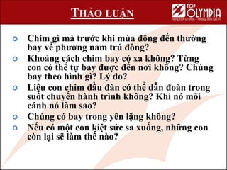 THẢO LUẬN
 Chim gì mà trước khi mùa đông đến thường
bay về phương nam trú đông?
 Khoảng cách chim bay có xa không? Từng
con có thể tự bay được đến nơi không? Chúng
bay theo hình gì? Lý do?
 Liệu con chim đầu đàn có thể dẫn đoàn trong
suốt chuyến hành trình không? Khi nó mõi
cánh nó làm sao?
 Chúng có bay trong yên lặng không?
 Nếu có một con kiệt sức sa xuống, những con
còn lại sẽ làm thế nào?
 