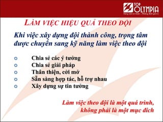 LÀM VIỆC HIỆU QUẢ THEO ĐỘI
Khi việc xây dựng đội thành công, trọng tâm
được chuyển sang kỹ năng làm việc theo đội
 Chia sẻ các ý tưởng
 Chia sẻ giải pháp
 Thân thiện, cởi mở
 Sẵn sàng hợp tác, hỗ trợ nhau
 Xây dựng sự tin tưởng
Làm việc theo đội là một quá trình,
không phải là một mục đích
 