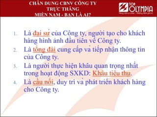 CHÂN DUNG CBNV CÔNG TY
TRỰC THĂNG
MIỀN NAM - BẠN LÀ AI?
1. Là đại sứ của Công ty, người tạo cho khách
hàng hình ảnh đầu tiên về Công ty.
2. Là tổng đài cung cấp và tiếp nhận thông tin
của Công ty.
3. Là người thực hiện khâu quan trọng nhất
trong hoạt động SXKD: Khâu tiêu thụ.
4. Là cầu nối, duy trì và phát triển khách hàng
cho Công ty.
 