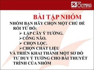 61
BÀI TẬP NHÓM
NHÓM BẠN HÃY CHỌN MỘT CHỦ ĐỀ
RỒI TỪ ĐÓ:
 LẬP CÂY Ý TƯỞNG.
CÔNG NÃO.
 CHỌN LỌC.
CHỌN CHẤT LIỆU
VÀ TRIỂN KHAI THÀNH MỘT SƠ ĐỒ
TƯ DUY Ý TƯỞNG CHO BÀI THUYẾT
TRÌNH CỦA NHÓM
 