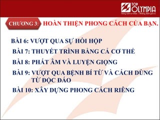CHƯƠNG 3: HOÀN THIỆN PHONG CÁCH CỦA BẠN.
BÀI 7: THUYẾT TRÌNH BẰNG CẢ CƠ THỂ
BÀI 6: VƯỢT QUA SỰ HỒI HỘP
BÀI 8: PHÁT ÂM VÀ LUYỆN GIỌNG
BÀI 9: VƯỢT QUA BỆNH BÍ TỪ VÀ CÁCH DÙNG
TỪ ĐỘC ĐÁO
BÀI 10: XÂY DỰNG PHONG CÁCH RIÊNG
 