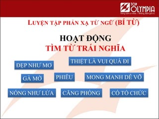 LUYỆN TẬP PHẢN XẠ TỪ NGỮ (BÍ TỪ)
HOẠT ĐỘNG
TÌM TỪ TRÁI NGHĨA
ĐẸP NHƯ MƠ
CÓ TỔ CHỨC
GÀ MỜ
CĂNG PHỒNG
MONG MANH DỄ VỠ
NÓNG NHƯ LỬA
THIỆT LÀ VUI QUÁ ĐI
PHIÊU
 