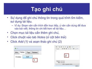 Tạo ghi chú
• Sử dụng để ghi chú thông tin trong quá trình tìm kiếm,
sử dụng tài liệu.
– Ví dụ: Đoạn văn cần trích dẫn trực tiếp, ý văn cần dùng để đưa
vào bài viết, thông tin chi tiết hơn về tài liệu…

• Chọn mục tài liệu cần thêm ghi chú,
• Click chuột vào tab Notes (ở cột bên trái)
• Click Add (1) và soạn thảo ghi chú (2)

2
1

 