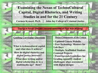 Examining the Nexus of TechnoCultural
Capital, Digital Rhetorics, and Writing
Studies in and for the 21 Century
Carmen Kynard, Ph.D. | John Jay College of Criminal Justice
Guiding Curricular Questions
~
What is technocultural capital
and what does it achieve?
How do digital rhetorics and
digital justice intersect?
What does writing and/or
digital scholarship do in a
multimedia age? How?
Major Components of the Course
• Updated Course Website
• Peer Technology Mentors for
Lab Days
• Multiple, Scaffolded Student-
Centered Projects
• Point-Spreads/Guidelines for
Grading (quantify student
challenges; align assessment
with digital design)
Course in Focus: ENG201 (second-semester of First Year Writing)
 