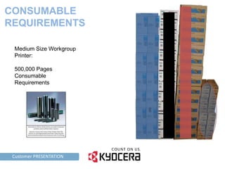 CONSUMABLE
REQUIREMENTS

     Medium Size Workgroup
     Printer:

     500,000 Pages
     Consumable
     Requirements




TAG LINE HERE PRESENTATION
    Customer
 