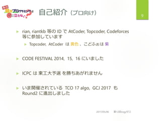ԼB飨ץ򤱣
? rian, riantkb Ȥ ID  AtCoder, Topcoder, Codeforces
Ȥ˲μӤƤޤ
? Topcoder, AtCoder  ɫ ɤդ 
? CODE FESTIVAL 2014, 15, 16 ˤޤ
? ICPC  |x ٤ޤ
? _ߤƤ TCO 17 algo, GCJ 2017 
Round2 Mޤ
2017/05/06 12rogy
9
 