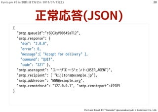 {
"smtp.queueid":"r6DCXsV00649aTl2",
"smtp.response": {
"dsn": "2.0.0",
"error": 0,
"message":[ "Accept for delivery" ],
"command": "QUIT",
"code": "221" },
"smtp.useragent": "ユーザエージェント(USER_AGENT)",
"smtp.recipient": [ "kijitora@example.jp"],
"smtp.addresser": "NNN@example.org",
"smtp.remotehost": "127.0.0.1", "smtp.remoteport":49989
}
正常応答(JSON)
Kyoto.pm #5 in 京都::はてなさん 2013/07/13(土)
Perl and Email #3 ``Haineko'' @azumakuniyuki / Cubicroot Co. Ltd.
20
 