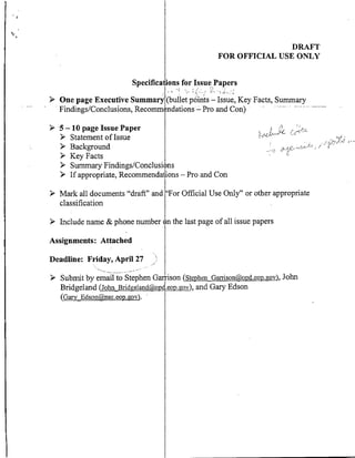 DRAFT
                                                      FOR OFFICIAL USE ONLY


                            Specificat'ions for Issue Papers

   One page Executive Summary (bullet pdints - Issue, Key Facts, Summary
                       Recommendations -Pro and Con)
  -Findings/Conclusions,                                       --




 > 5- 10 page Issue Paper
   > Statement of Issue                                        vL~/

       >Background                                                    o-
   > Key Facts
   > Summary Findings/Conclusions
   > If appropriate, Recommendations      -   Pro and Con
 >Mark all documents "draft" and "For Official Use Only" or other appropriate
   classification

> Include name & phone number on the last page of all issue papers

Assignments: Attached

Deadline: Friday, April 27

 >Submit by email to Stephen Garrson (Ste hen Gamrson(Wond.eoDmgov, John
  Bridgeland (ohn Bfidgzeland(a),0DeoD.20V), and Gary Edson
    (Gary Edson(a)nsc.eoRmgov).
 