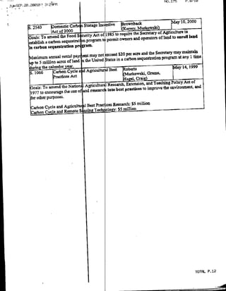 NO. 175       P. blilo
JIJN-SEP. 20. 2002:'. 3:29PM




                          ome"sio Corb,                                                               10,20
                            Of2000
                      IA:t2ooo
                                Food S                                                              enroll land
                             seques     )n progr2rn
                                   a P grant
                                rental p   jent may not exceed $20 per acre and the SecretarY WaY mainta'm
                     million acres Of I    n The United States in a carbon seque&ation prograrn at anY 1 time
              106 the calend               TA-gricultural Best           5                            14,1
                                                                               Grams,
                                     Act
                                                                               and T                         0
              als:      ame        N         AgricUlt                        to improve                          and
                                   e use,al and resear   into best pra



                                 AgricUltw 11 Best       es Research: $5 million
                                 Rernote S rising T           $5 million




                                                                                                                 TOTAL P-12
 