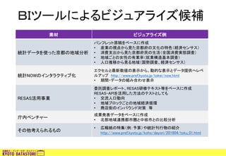 ＢＩツールによるビジュアライズ候補
素材 ビジュアライズ例
統計データを使った京都の地域分析
パンフレット原稿をベースに作成
• 産業の視点から見た京都府の文化の特色（経済センサス）
• 消費支出から見た京都府民の生活（全国消費実態調査）
• 地域ごとの女性の有業率（就業構造基本調査）
• 人口推移から見る地域（国勢調査、経済センサス）
統計NOWのインタラクティブ化
エクセルと最新数値の表示から、動的な表示とデータ提供へレベ
ルアップ http://www.pref.kyoto.jp/tokei/now.html
• 期間・データの組み合わせ表示
RESAS活用事業
委託調査レポート、RESAS研修テキスト等をベースに作成
RESAS-APIを活用した方法のテストとしても
• 交流人口動向
• 地域ブロックごとの地域経済循環
• 商店街のインバウンド対策 等
庁内ベンチャー
成果発表データをベースに作成
• 北部地域連携都市圏と中核市との比較分析
その他考えられるもの
• 広報紙の特集（例：予算）や統計刊行物の紹介
http://www.pref.kyoto.jp/koho/dayori/201604/toku_01.html
 
