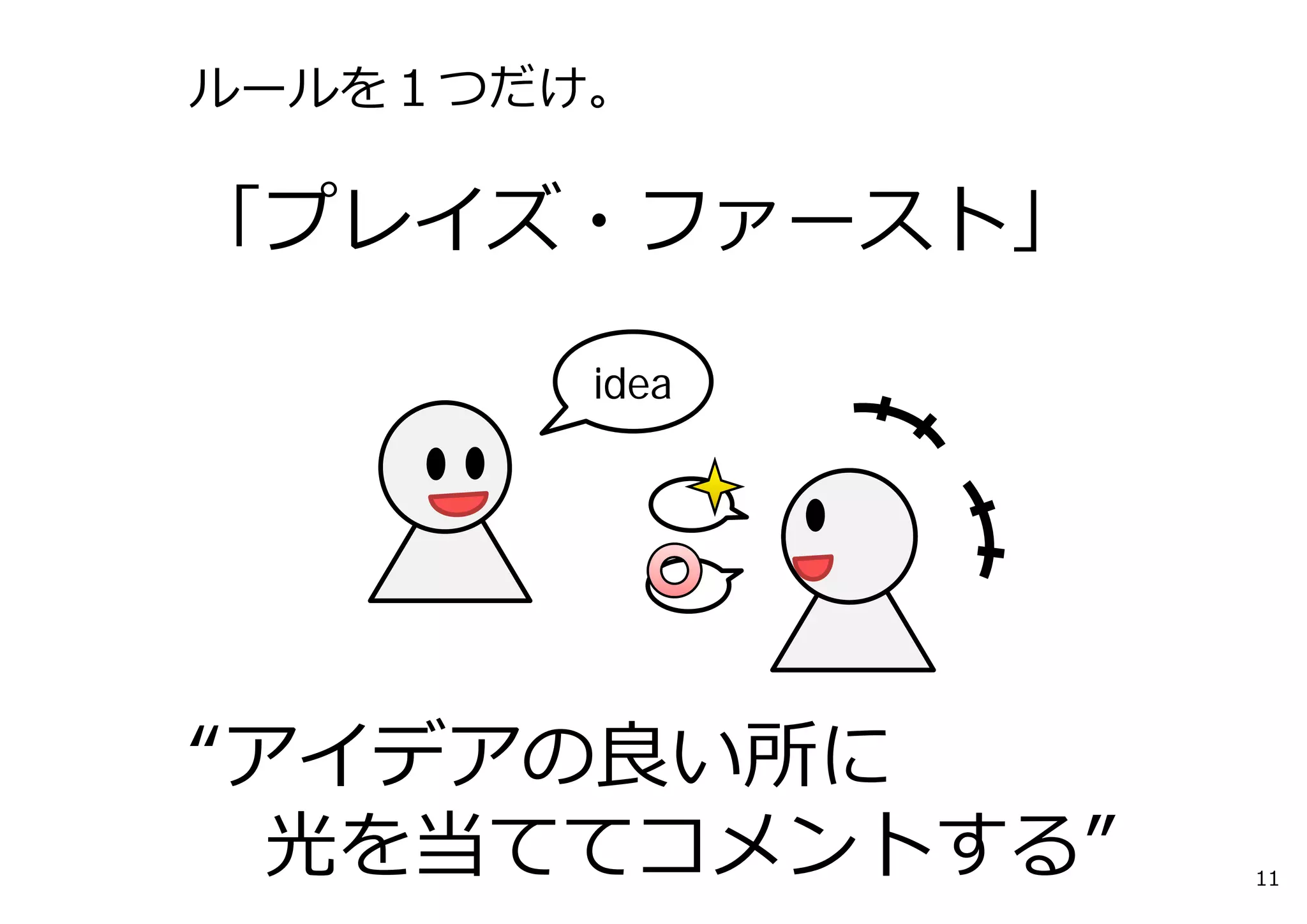 ルールを１つだけ。 
「プレイズ・ファースト」 
idea 
“アイデアの良い所に 
光を当ててコメントする” 
11 
 