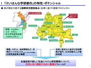 1 ｢けいはんな学研都市｣の特性・ポテンシャル
■ 我が国を代表する国際研究開発拠点（法律に基づく国家プロジェクト）
先端技術や新しい社会システム研究開発について、
住民と共に実証するのに最適なフィールド
・面積 15,000ha
・人口 24万人
（文化学術研究地域
3,600ha/9万人）
情報、ロボット、地球環境など、世
界をリードする１２３（２０１４年３月末現在)
の研究施設等が集積
自然に恵まれた良好な宅地開
発が進行、日本有数の人口増
加地域
3
 