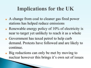 Implications for the UK
■ A change from coal to cleaner gas fired power
stations has helped reduce emissions
■ Renewable energy policy of 10% of electricity is
near to target yet unlikely to reach it as a whole
■ Government has taxed petrol to help curb
demand. Protests have followed and are likely to
continue.
■ Big reductions can only be met by moving to
nuclear however this brings it’s own set of issues
 