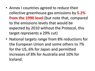 • Annex I countries agreed to reduce their 
collective greenhouse gas emissions by 5.2% 
from the 1990 level (but note that, compared 
to the emissions levels that would be 
expected by 2010 without the Protocol, this 
target represents a 29% cut) 
• National targets range from 8% reductions for 
the European Union and some others to 7% 
for the US, 6% for Japan and permitted 
increases of 8% for Australia and 10% for 
Iceland. 
 