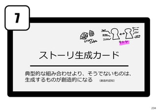 7

     ストーリ⽣成カード
    ━━━━━━━━━━━
    典型的な組み合わせより、そうでないものは、
    ⽣成するものが創造的になる （創造的認知）




                            234
 