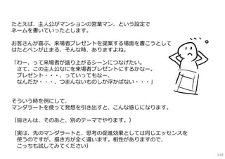 たとえば、主⼈公がマンションの営業マン、という設定で
ネームを書いていったとします。
お客さんが喜ぶ、来場者プレゼントを提案する場⾯を書こうとして
はたとペンが⽌まる、そんな時、ありますよね。
「わー、って来場者が盛り上がるシーンにつなげたい。
さて、この主⼈公なにを来場者プレゼントにするかなー。
プレゼント・・・、っていってもなー、
なんだか・・・、つまんないものしか浮かばない・・・」
そういう時を例にして、
マンダラートを使って発想を引き出すと、こんな感じになります。
（皆さんは、そのあと、別のテーマでやります。）
（実は、先のマンダラートと、思考の促進効果としては同じエッセンスを
使うのですが、描き⽅が全く違います。相性がありますので、
こっちも試してみてください）
148
 