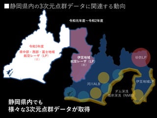 ■静岡県内の3次元点群データに関連する動向
砂防LP
河川ALB
ダム深浅
海岸深浅（NMB）
伊豆地域LP
伊豆地域
航空レーザ（LP）
（県）
令和元年度～令和2年度
県中部・西部・富士地域
航空レーザ（LP）
（県）
令和3年度
静岡県内でも
様々な3次元点群データが取得
 