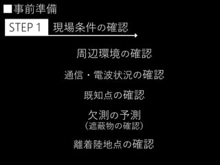 ■事前準備
STEP１ 現場条件の確認
周辺環境の確認
通信・電波状況の確認
既知点の確認
欠測の予測
（遮蔽物の確認）
離着陸地点の確認
 