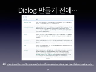 Dialog ??? ??
93
??: https://cloud.ibm.com/docs/services/assistant?topic=assistant-dialog-overview#dialog-overview-variety
 