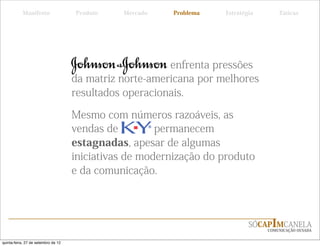 Manifesto                 Produto   Mercado    Problema   Estratégia       Táticas




                                                         enfrenta pressões
                                     da matriz norte-americana por melhores
                                     resultados operacionais.

                                     Mesmo com números razoáveis, as
                                     vendas de         permanecem
                                     estagnadas, apesar de algumas
                                     iniciativas de modernização do produto
                                     e da comunicação.




                                                                             SÓCAPIMCANELA
                                                                                  COMUNICAÇÃO OUSADA


quinta-feira, 27 de setembro de 12
 
