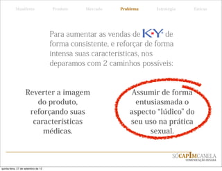 Manifesto                 Produto    Mercado   Problema   Estratégia       Táticas




                                     Para aumentar as vendas de          de
                                     forma consistente, e reforçar de forma
                                     intensa suas características, nos
                                     deparamos com 2 caminhos possíveis:


                    Reverter a imagem                          Assumir de forma
                       do produto,                              entusiasmada o
                     reforçando suas                          aspecto lúdico do
                      características                         seu uso na prática
                         médicas.                                   sexual.


                                                                             SÓCAPIMCANELA
                                                                                  COMUNICAÇÃO OUSADA


quinta-feira, 27 de setembro de 12
 