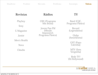 Manifesto                    Produto   Mercado       Problema     Estratégia        Táticas




                            Revistas                   Rádios                     TV

                               Playboy              CBN (Programa             Band (CQC,
                                                      Mix Brasil)          Programa Pânico)
                                     Sexy
                                                   Jovem Pan FM                Record
                           G Magazine                  (Missão              (Legendários)
                                                     Impossível,
                                Júnior            Programa Pânico)              Globo
                                                                             (Amor&Sexo)
                          Men s Health
                                                                              GNT (Papo
                                 Nova                                          Calcinha)

                               Cláudia                                        MTV (Sem
                                                                              Vergonha)

                                                                               Rede TV!
                                                                            (Dr.Hollywood)



                                                                                     SÓCAPIMCANELA
                                                                                           COMUNICAÇÃO OUSADA


quinta-feira, 27 de setembro de 12
 
