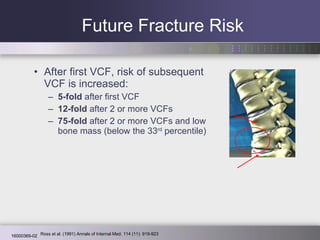 Future Fracture Risk After first VCF, risk of subsequent VCF is increased: 5-fold  after first VCF 12-fold  after 2 or more VCFs 75-fold  after 2 or more VCFs and low bone mass (below the 33 rd  percentile) Ross et al. (1991) Annals of Internal Med. 114 (11): 919-923 