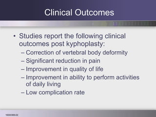 Clinical Outcomes Studies report the following clinical outcomes post kyphoplasty: Correction of vertebral body deformity Significant reduction in pain Improvement in quality of life Improvement in ability to perform activities of daily living Low complication rate 