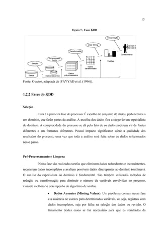 13
Figura 7 - Fases KDD
Fonte: O autor, adaptada de (FAYYAD et al. (1996)).
1.2.2 Fases do KDD
Seleção
Esta é a primeira fase do processo. É escolho do conjunto de dados, pertencentes a
um domínio, que farão partes da análise. A escolha dos dados fica a cargo de um especialista
do domínio. A complexidade do processo se dá pelo fato de os dados poderem vir de fontes
diferentes e em formatos diferentes. Possui impacto significante sobre a qualidade dos
resultados do processo, uma vez que toda a análise será feita sobre os dados selecionados
nesse passo.
Pré-Processamento e Limpeza
Nesta fase são realizadas tarefas que eliminem dados redundantes e inconsistentes,
recuperem dados incompletos e avaliem possíveis dados discrepantes ao domínio (outliners).
O auxílio do especialista do domínio é fundamental. São também utilizados métodos de
redução ou transformação para diminuir o número de variáveis envolvidas no processo,
visando melhorar o desempenho do algorítmo de análise.
 Dados Ausentes (Missing Values): Um problema comum nessa fase
é a ausência de valores para determinadas variáveis, ou seja, registros com
dados incompletos, seja por falha na seleção dos dados ou revisão. O
tratamento destes casos se faz necessário para que os resultados da
 
