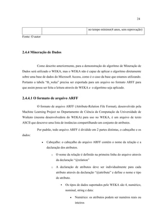 24
no tempo mínimo(4 anos, sem reprovação)
Fonte: O autor
2.4.4 Mineração de Dados
Como descrito anteriormente, para a demonstração do algorítmo de Mineração de
Dados será utilizado o WEKA, mas o WEKA não é capaz de aplicar o algorítmo diretamente
sobre uma base de dados do Microsoft Access, como é o caso da base que estamos utilizando.
Portanto a tabela “tb_weka” precisa ser exportada para um arquivo no formato ARFF para
que assim possa ser feita a leitura através do WEKA e o algorítmo seja aplicado.
2.4.4.1 O formato de arquivo ARFF
O formato de arquivo ARFF (Attribute-Relation File Format), desenvolvido pela
Machine Learning Project no Departamento de Ciência da Computação da Universidade de
Waikato (mesma desenvolvedora do WEKA) para uso no WEKA, é um arquivo de texto
ASCII que descreve uma lista de instâncias compartilhando um conjunto de atributos.
Por padrão, todo arquivo ARFF é dividido em 2 partes distintas, o cabeçalho e os
dados:
 Cabeçalho: o cabeçalho do arquivo ARFF contém o nome da relação e a
declaração dos atributos.
o O nome da relação é definido na primeira linha do arquivo através
da declaração “@relation”
o A declaração de atributos deve ser individualmente para cada
atributo através da declaração “@attribute” e define o nome e tipo
do atributo.
 Os tipos de dados suportados pelo WEKA são 4, numérico,
nominal, string e data:
 Numérico: os atributos podem ser numéros reais ou
inteiros
 