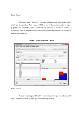 29
Fonte: O autor
Selecione a opção “Open file...” e navegue até a pasta onde se encontra o arquivo
ARFF que deseja analisar. Após o arquivo ARFF ser aberto, algumas informações do arquivo
já poderão ser observadas, como a quantidade de instâncias, o número de atributos, e
informações sobre os próprios atributos individualmente como tipo de dado e os valores que
esses atributos assumem.
Figura 11 - WEKA - Arquivo ARFF Aberto
Fonte: O autor
A seguir clique na guia “Classify” e escolha o algorítmo que será aplicado, neste
caso o algorítmo escolhido foi o J48 que se encontra na guia “trees”.
 