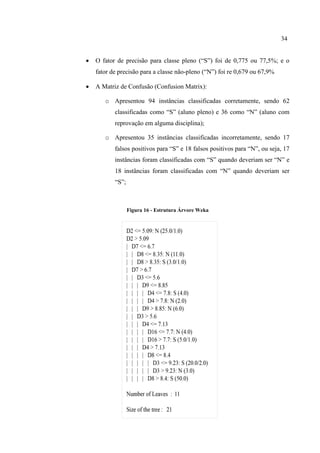 34
 O fator de precisão para classe pleno (“S”) foi de 0,775 ou 77,5%; e o
fator de precisão para a classe não-pleno (“N”) foi re 0,679 ou 67,9%
 A Matriz de Confusão (Confusion Matrix):
o Apresentou 94 instâncias classificadas corretamente, sendo 62
classificadas como “S” (aluno pleno) e 36 como “N” (aluno com
reprovação em alguma disciplina);
o Apresentou 35 instâncias classificadas incorretamente, sendo 17
falsos positivos para “S” e 18 falsos positivos para “N”, ou seja, 17
instâncias foram classificadas com “S” quando deveriam ser “N” e
18 instâncias foram classificadas com “N” quando deveriam ser
“S”;
Figura 16 - Estrutura Árvore Weka
 