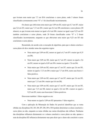 36
que tiveram nota maior que 7,7 em D16 concluíram o curso pleno, onde 5 alunos foram
classificados corretamente como “S” e 1 foi classificado incorretamente.
Os alunos que obtiveram nota maior que 5,09 em D2, maior que 6,7 em D7, maior
que 5,6 em D3, maior que 7,13 em D4 e maior que 8,4 em D8 concluíram o curso plenos (50
alunos), os que tiveram nota menor ou igual a 8,4 em D8 e menor ou igual a que 9,23 em D3
também concluíram o curso plenos, onde 20 foram classificados como “S” e 2 foram
classificados incorretamente; enquanto os que obtiveram nota maior que 9,23 em D3 não
concluíram o curso plenos.
Resumindo, de acordo com a execução do algorítmo, para que o alunos conclua o
curso pleno ele deve atender umas das seguintes regras:
 Nota maior que 5,09 em D2, menor ou igual a 6,7 em D7 e maior que 8,35
em D8;
 Nota maior que 5,09 em D2, maior que 6,7 em D7, menor ou igual a 5,6
em D3, menor ou igual a 8,85 em D9 e menor ou igual a 7,8 em D4;
 Nota maior que 5,09 em D2, maior que 6,7 em D7, maior que 5,6 em D3,
menor ou igual a 7,13 em D4 e maior que 7,7 em D16, neste caso houve 1
falso positivo;
 Nota maior que 5,09 em D2, maior que 6,7 em D7, maior que 5,6 em D3,
maior que 7,13 em D4 e maior que 8,4 em D8;
 Nota maior que 5,09 em D2, maior que 6,7 em D7, maior que 5,6 em D3,
maior que 7,13 em D4, menor ou igual a 8,4 em D8 e menor ou igual a
9,23 em D3, neste caso houveram 2 falsos positivos.
Houveram também 1 falsos negativos em:
 Nota menor ou igual a 5,09 em D2 apresentou 1 falso negativo;
Com a aplicação da Mineração de Dados foi possível identificar que as notas
obtidas nas disciplinas D2, D3, D4, D7, D8, D9 e D16 podem determinar se aluno concluirá o
curso pleno ou não, enquanto as notas obtidas nas outras disciplinas não influem. Nenhuma
das disciplinas influencia diretamente se o alunos concluirá o curso pleno ou não, apenas a
nota da disciplina D2 influencia diretamente mas para dizer que o aluno não concluirá o curso
 