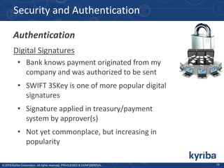 Security and Authentication
Authentication
Digital Signatures
• Bank knows payment originated from my
company and was authorized to be sent
• SWIFT 3SKey is one of more popular digital
signatures

• Signature applied in treasury/payment
system by approver(s)
• Not yet commonplace, but increasing in
popularity
© 2013 Kyriba Corporation. All rights reserved. PRIVILEGED & CONFIDENTIAL.

10

 