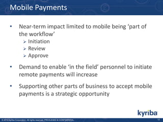 Mobile Payments
•

Near-term impact limited to mobile being ‘part of
the workflow’
Initiation
 Review
 Approve


•

Demand to enable ‘in the field’ personnel to initiate
remote payments will increase

•

Supporting other parts of business to accept mobile
payments is a strategic opportunity

© 2013 Kyriba Corporation. All rights reserved. PRIVILEGED & CONFIDENTIAL.

12

 