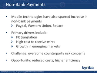 Non-Bank Payments
•

Mobile technologies have also spurred increase in
non-bank payments
 Paypal, Western Union, Square

•

Primary drivers include:
 FX translation
 High cost to receive wires
 Growth in emerging markets

•

Challenge: overcome counterparty risk concerns

•

Opportunity: reduced costs; higher efficiency

© 2013 Kyriba Corporation. All rights reserved. PRIVILEGED & CONFIDENTIAL.

13

 