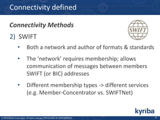 Connectivity defined
Connectivity Methods
2) SWIFT
•

Both a network and author of formats & standards

•

The ‘network’ requires membership; allows
communication of messages between members
SWIFT (or BIC) addresses

•

Different membership types -> different services
(e.g. Member-Concentrator vs. SWIFTNet)

© 2013 Kyriba Corporation. All rights reserved. PRIVILEGED & CONFIDENTIAL.

19

 